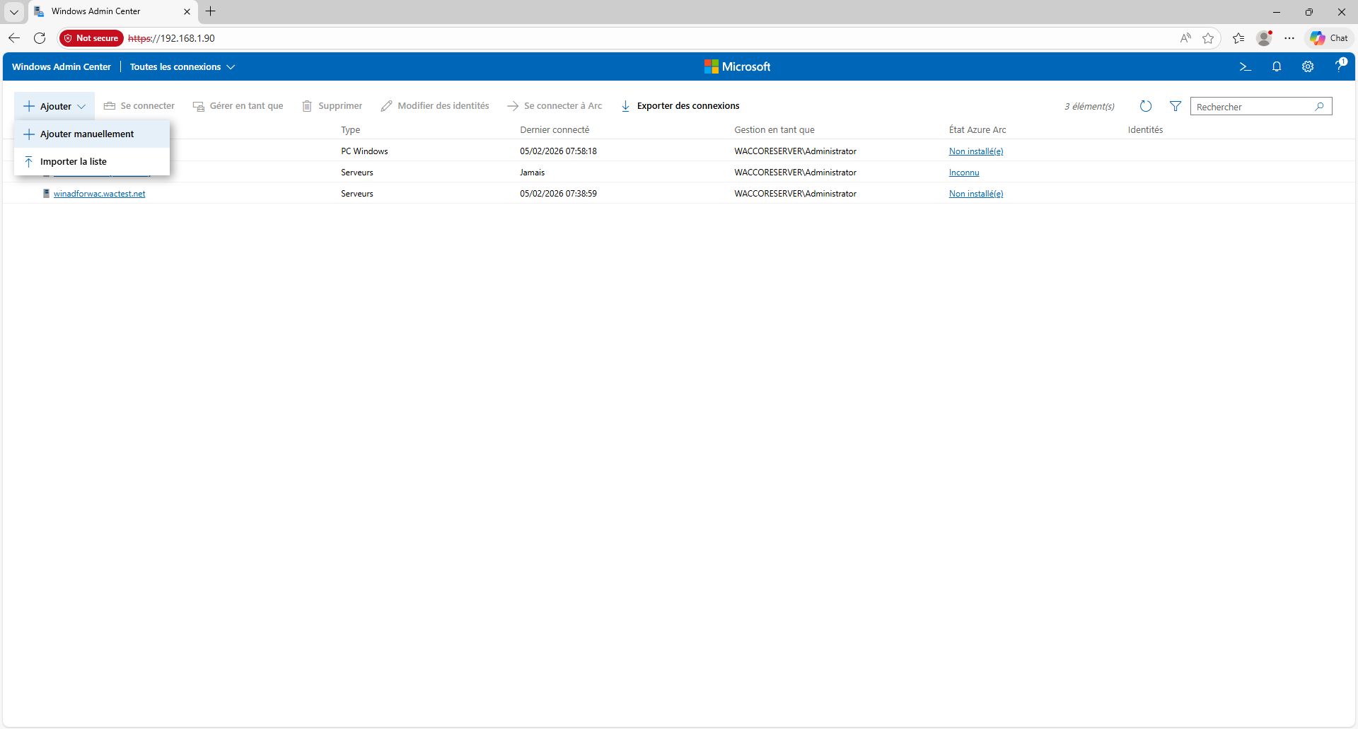 Menu Ajouter manuellement dans Windows Admin Center