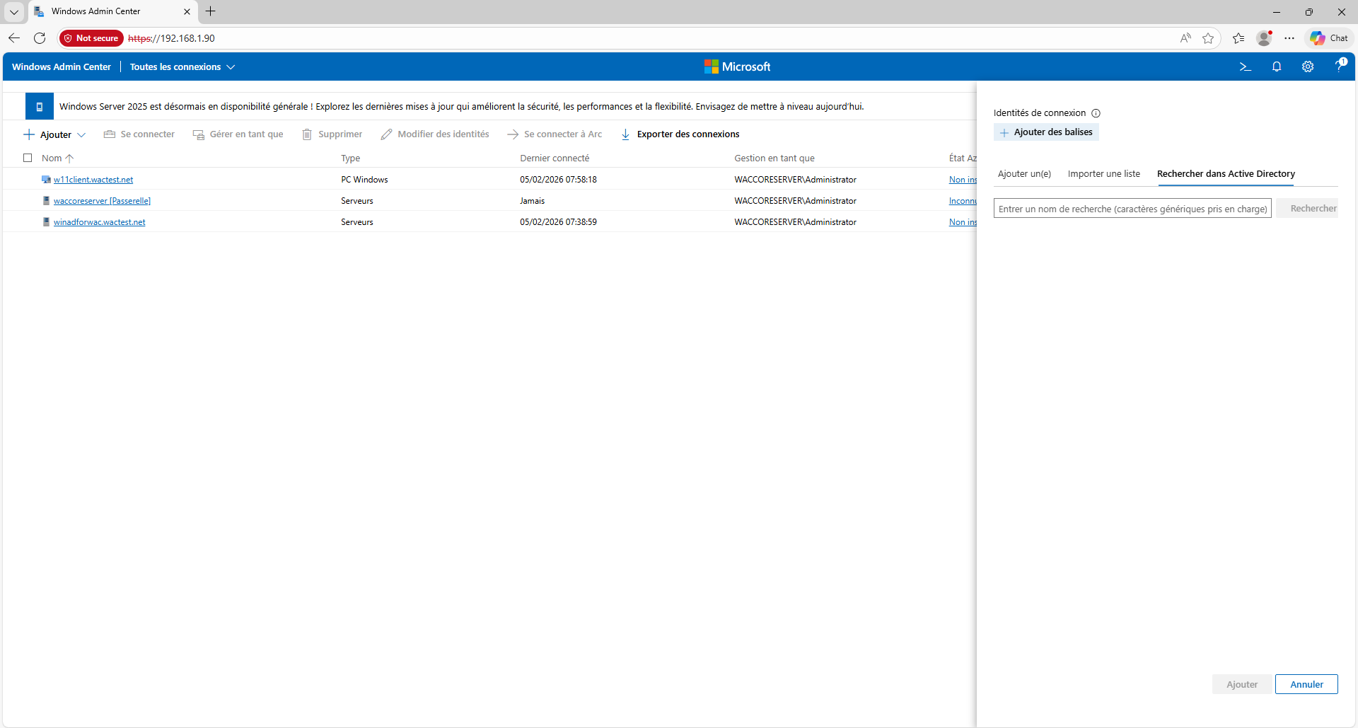 Recherche dans l'Active Directory depuis Windows Admin Center